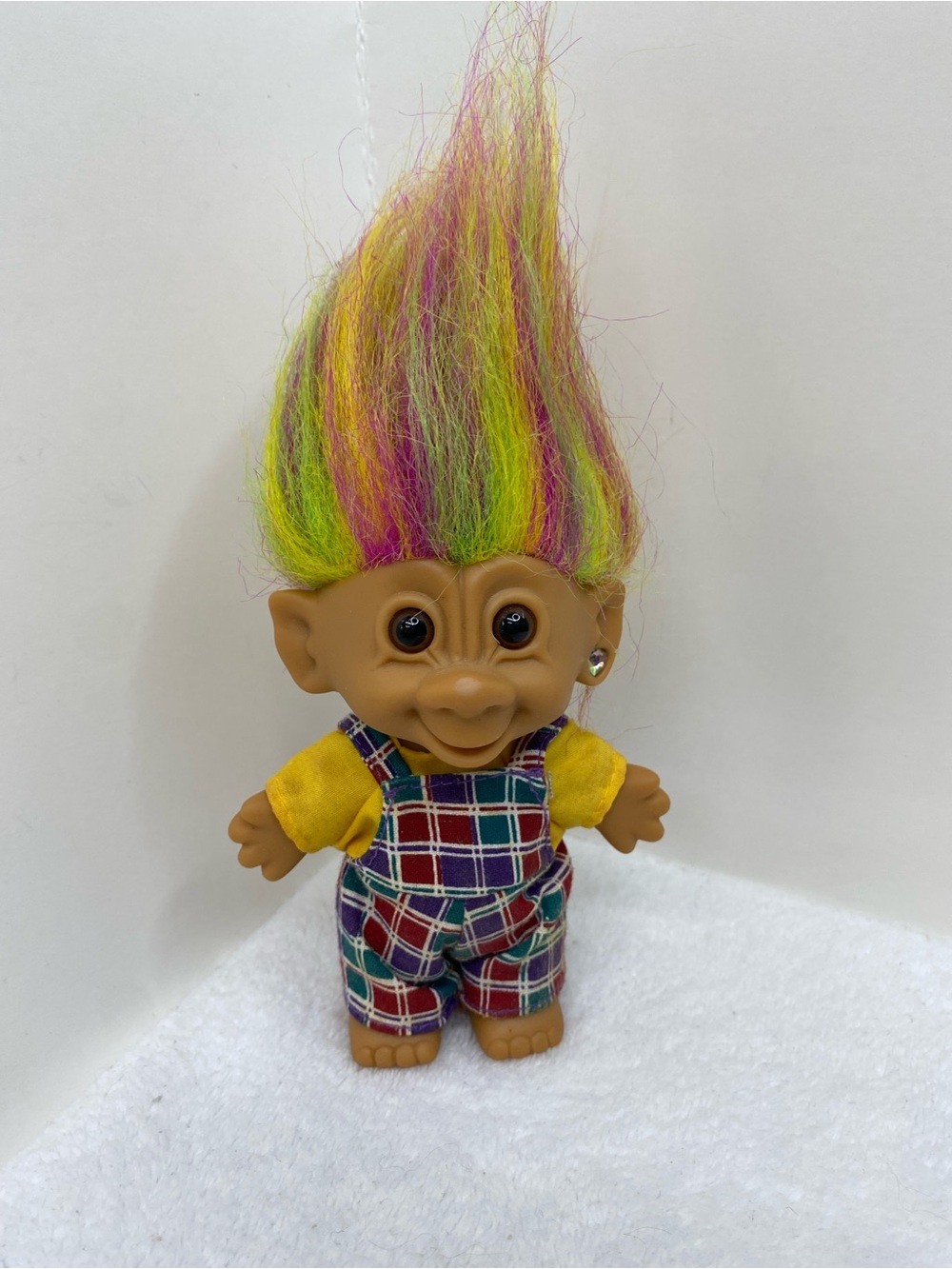 Vintage Bright Of America Troll Doll Plaid Overalls Rainbow Hair Earring Fun 90s